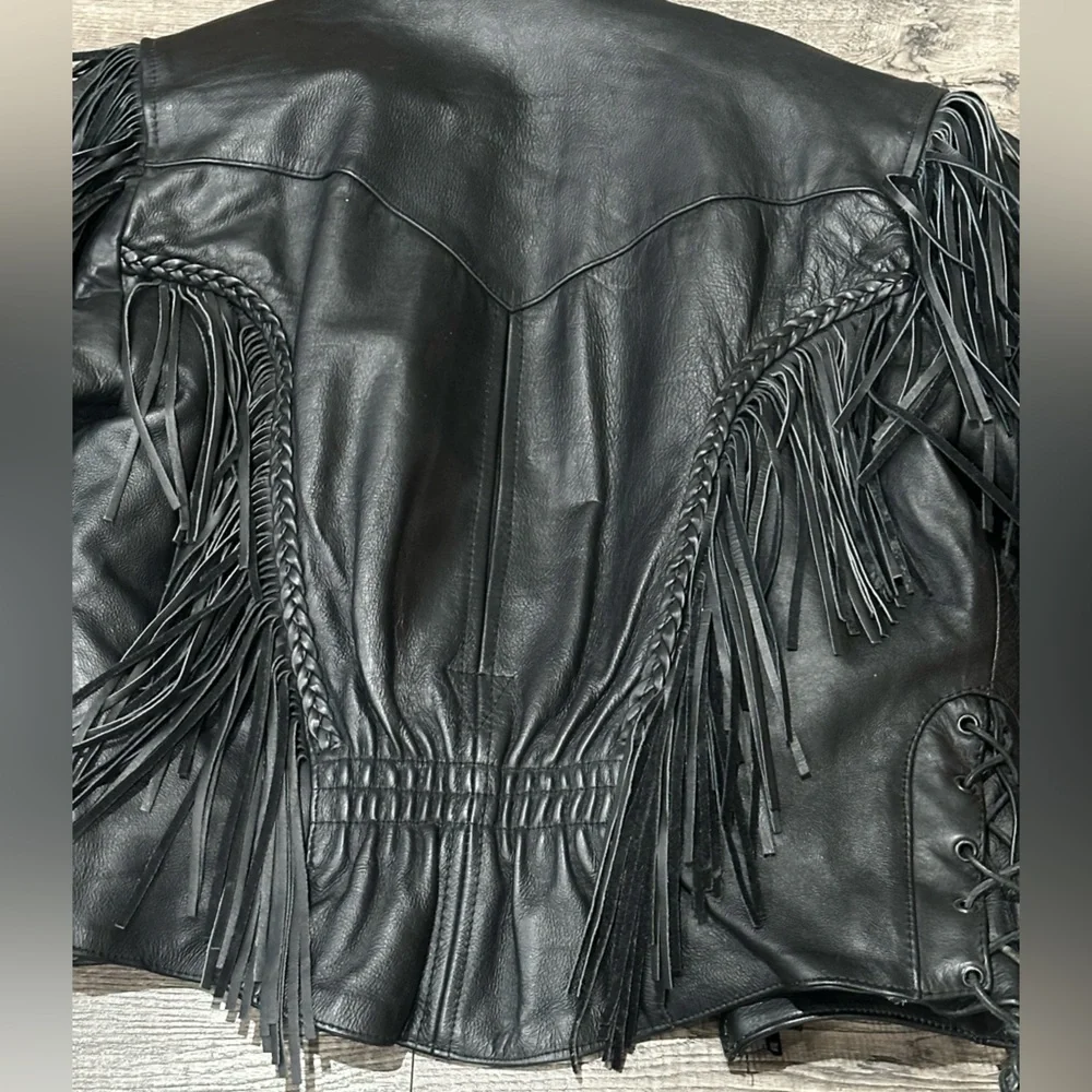 Unik Vtg Black Leather Fringe Jacket - Picture 11 of 16